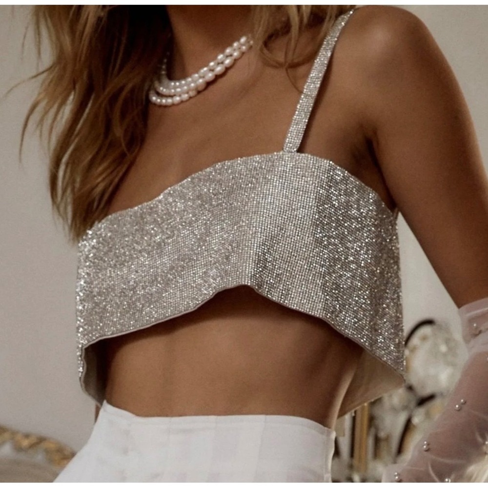 12th Tribe Shira Silver Sparkly Rhinestone Night Out Crop Top Hook Eye Close M